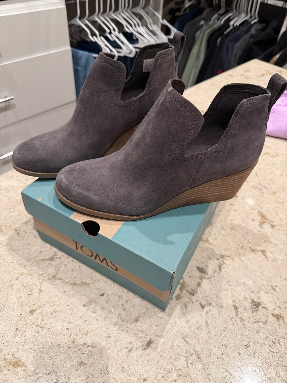TOMS Suede Charcoal Slip-On Wedge Booties